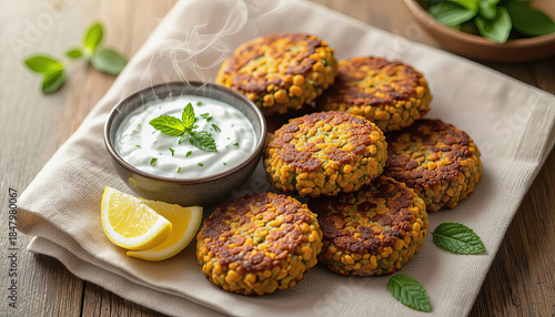 Delicious lentil patties served with yogurt dip and fresh mint on a wooden table Generative AI