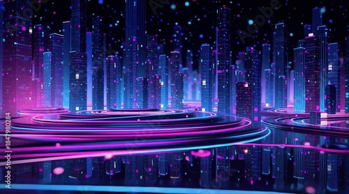 Neon liquid river flowing futuristic cyberpunk city, glowing swirling ink patterns. drones drop neon droplets ripple spirals. Skyscraper reflections, glass distortions, neon blue-pink-magenta gradient
