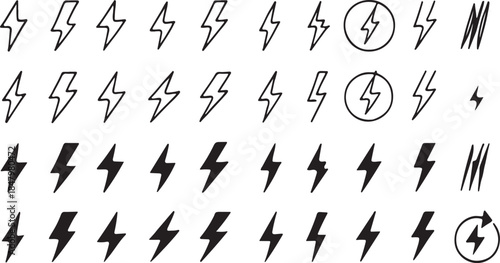 Lightning Bolt Icon Set – Outline and Solid Styles, Electric Discharge Symbols in Minimalist Black-and-White Design