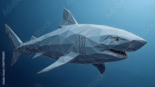 Low Poly Shark Illustration With Sharp Teeth, A 3D Polygonal Design In Deep Blue Water
