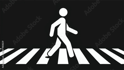 A minimalist white pedestrian crossing symbol on a black background