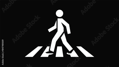 A minimalist white pedestrian crossing symbol on a black background 