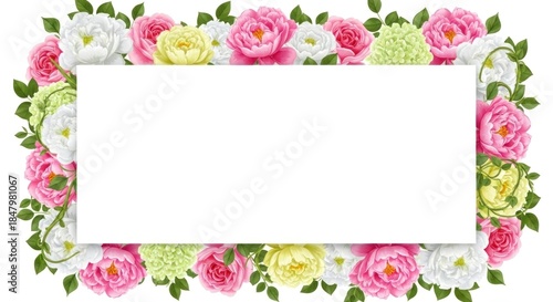A floral frame with pink, white, and yellow roses and green hydrangeas on a white background.