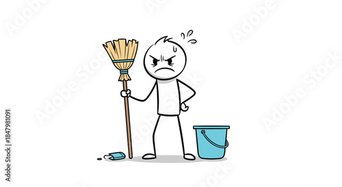 Angry and sweating stick figure character holds a broom next to a blue bucket, looking tired and frustrated with cleaning chores.