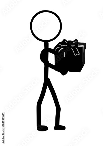 Silhouette of a stick figure person carrying a large heavy gift box