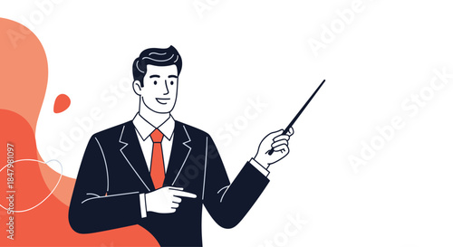 Professional businessman in a dark suit and red tie smiles while gesturing with a pointer stick, ideal for presentations.
