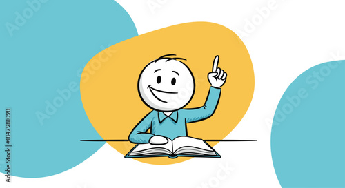 Happy stick figure student sitting at a desk with an open book raises his finger, having a great idea or answering a question.