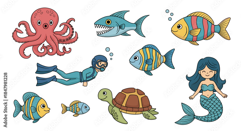 Fototapeta premium A colorful collection of cute underwater sea creatures and characters, including a mermaid, diver, octopus, turtle, and various fish.