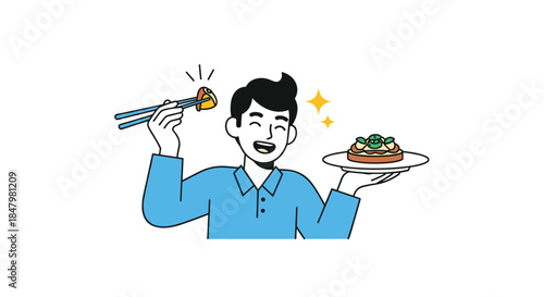 A happy young man holds a plate with an open-faced sandwich and uses chopsticks to eat a piece of food from it joyfully.