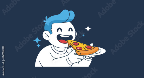 A happy boy with blue hair and a wide-open mouth is joyfully eating a large slice of pepperoni pizza from a white plate.