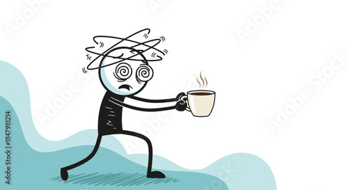 A dizzy and exhausted stick figure with swirling eyes stumbles forward, desperately holding a steaming cup of coffee for energy.