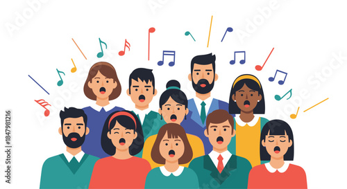 A diverse group of people, forming a choir, are standing together and singing joyfully with colorful musical notes above them.
