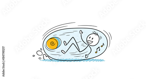A happy stick figure character has fun zorbing, rolling downhill inside a large inflatable ball with a yoga mat and music notes.