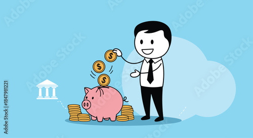 A smiling stick figure businessman saves money by putting gold dollar coins into a large pink piggy bank for future investment.