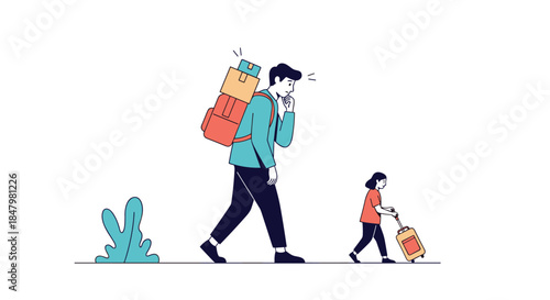 A worried father carrying a large backpack and a young daughter pulling a suitcase walk together, depicting refugees or travel.