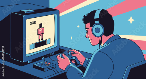 A young man wearing headphones plays a retro video game on a vintage CRT monitor with a controller, immersing himself in the game.