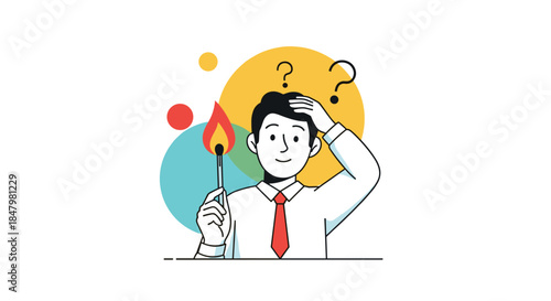 A puzzled businessman holds a lit match, scratching his head in confusion with question marks floating above, symbolizing a risky idea.