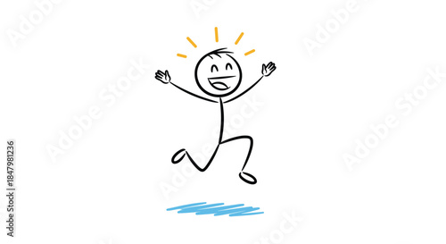 An energetic and happy stick figure character is jumping for joy with arms outstretched and a big smile, radiating positivity.