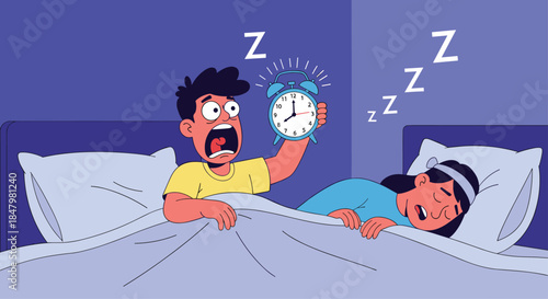A man wakes up in a panic to a loud ringing alarm clock while his partner continues to sleep soundly next to him in bed.