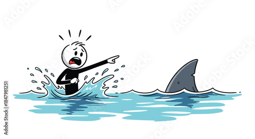 A terrified stick figure in the water points in panic at a shark fin circling nearby, depicting a dangerous and fearful situation.