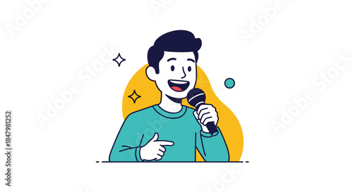 A confident and charismatic young man smiles as he speaks into a microphone, perfect for a host, singer, or public speaker.