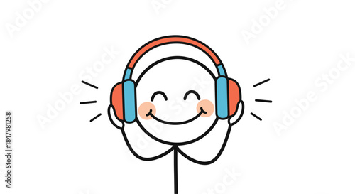 A happy and content stick figure with rosy cheeks smiles with eyes closed while listening to music on large, colorful headphones.