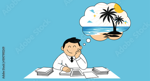 A smiling office worker at his desk daydreams of a tropical beach vacation, with palm trees and the ocean in a thought bubble.