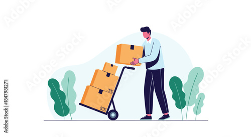A delivery man or warehouse worker is stacking cardboard boxes onto a hand truck, preparing for shipping or moving inventory.