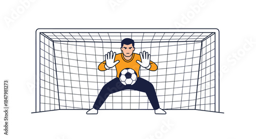 A focused soccer goalkeeper in full uniform stands ready in front of the goal, prepared to catch or block the incoming ball.