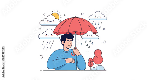 A man with a worried expression holds a red umbrella to shield himself from a sad, crying rain cloud, ignoring the happy, sunny one.