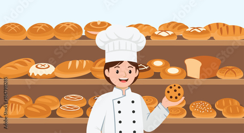 A cheerful female baker in a white uniform and chef's hat proudly presents a chocolate chip cookie in her bustling, cozy bakery.
