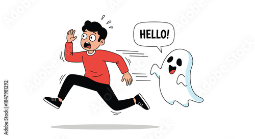 A terrified man is running away at full speed from a friendly cartoon ghost that is chasing him and saying 'Hello!'.