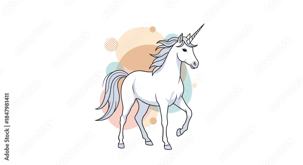 Obraz premium An elegant and majestic white unicorn with a flowing mane and tail stands gracefully against a background of pastel abstract shapes.