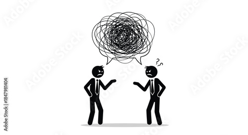 Two stick figure businessmen engaged in a heated argument with a tangled scribble in a speech bubble representing their miscommunication.