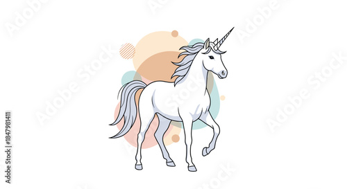 An elegant and majestic white unicorn with a flowing mane and tail stands gracefully against a background of pastel abstract shapes.
