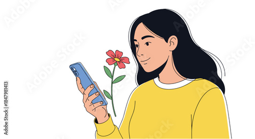 Young woman smiling while looking at her smartphone, with a beautiful red flower blooming beside her symbolizing a positive message.