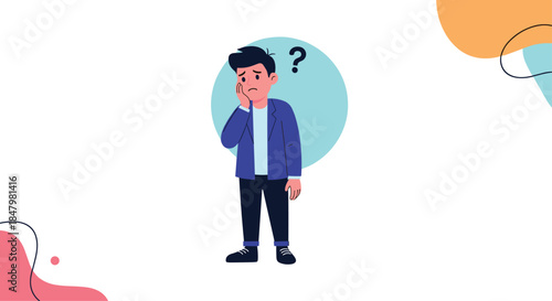 Young man with a troubled and pensive expression touching his face, with a question mark above his head indicating confusion or a problem.