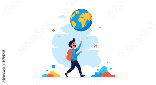 Cheerful traveler with a backpack walking and holding a balloon shaped like planet Earth, symbolizing a love for travel and exploration.