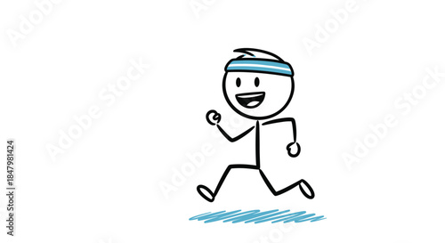 Simple and energetic stick figure illustration of a happy person with a blue headband jogging and smiling, representing fitness and health.
