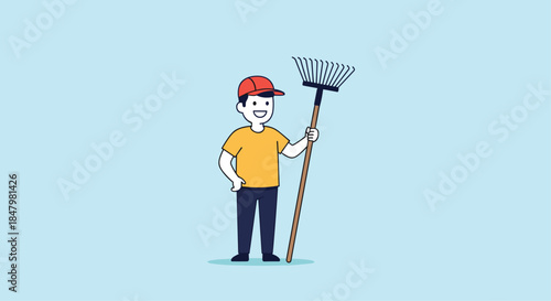 Simple and friendly cartoon illustration of a smiling man in a red cap and orange shirt, holding a garden rake and ready for work.