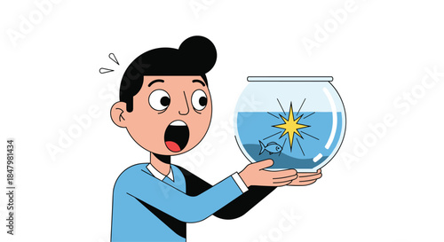 Cartoon boy with a shocked and surprised expression holding a fishbowl where a magical sparkling star has suddenly appeared in the water.