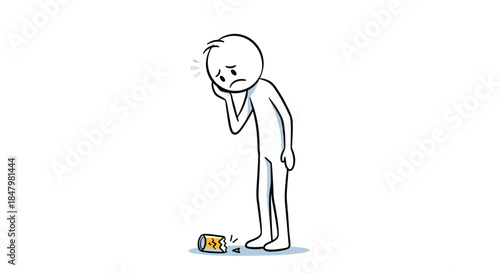 Stick figure character looking down with a sad and disappointed expression at a broken can on the floor, symbolizing failure or an accident.