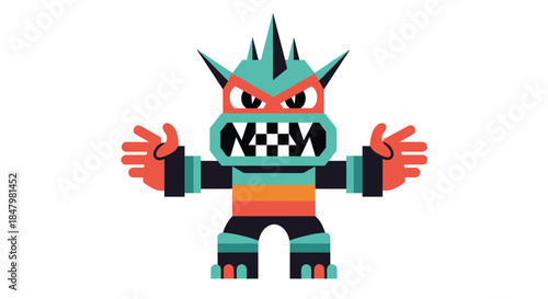 Colorful and angry monster character designed in a geometric, pixel-art style, roaring with a checkered mouth and sharp teeth.