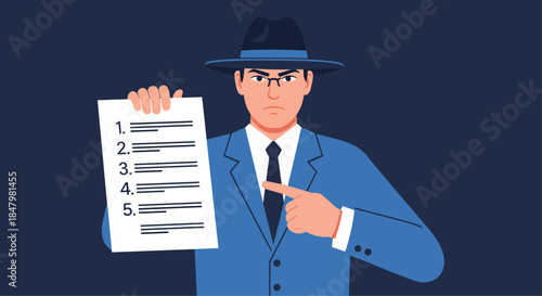 Serious man in a suit and fedora, possibly a detective or boss, sternly pointing to a numbered list of rules or instructions.