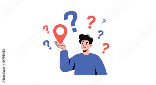 Confused young man holding a red map pin icon with multiple question marks floating around his head, symbolizing being lost or unsure of location.