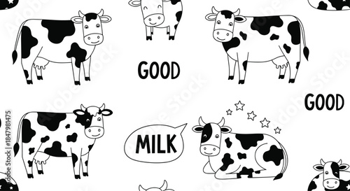 Seamless black and white pattern featuring cute cartoon cows with GOOD and MILK text, perfect for farm or dairy-themed backgrounds.