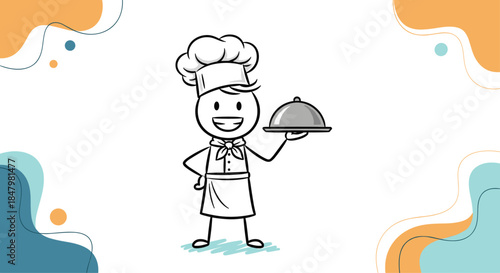 Smiling stick figure chef in a traditional uniform and hat, proudly presenting a meal on a covered silver platter against a colorful background.