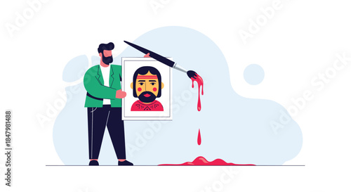 Artist holding a finished portrait while a large paintbrush drips red paint onto the floor, symbolizing the messy but creative process of art.