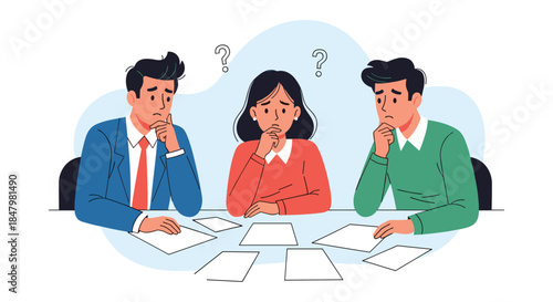 Team of three business people looking confused and thoughtful while reviewing documents, with question marks indicating a shared problem.