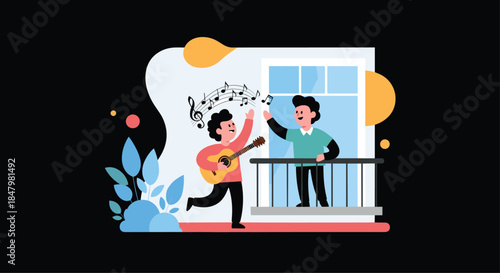 Two men enjoying music together, with one playing guitar and singing on the street and another listening from a balcony at night.